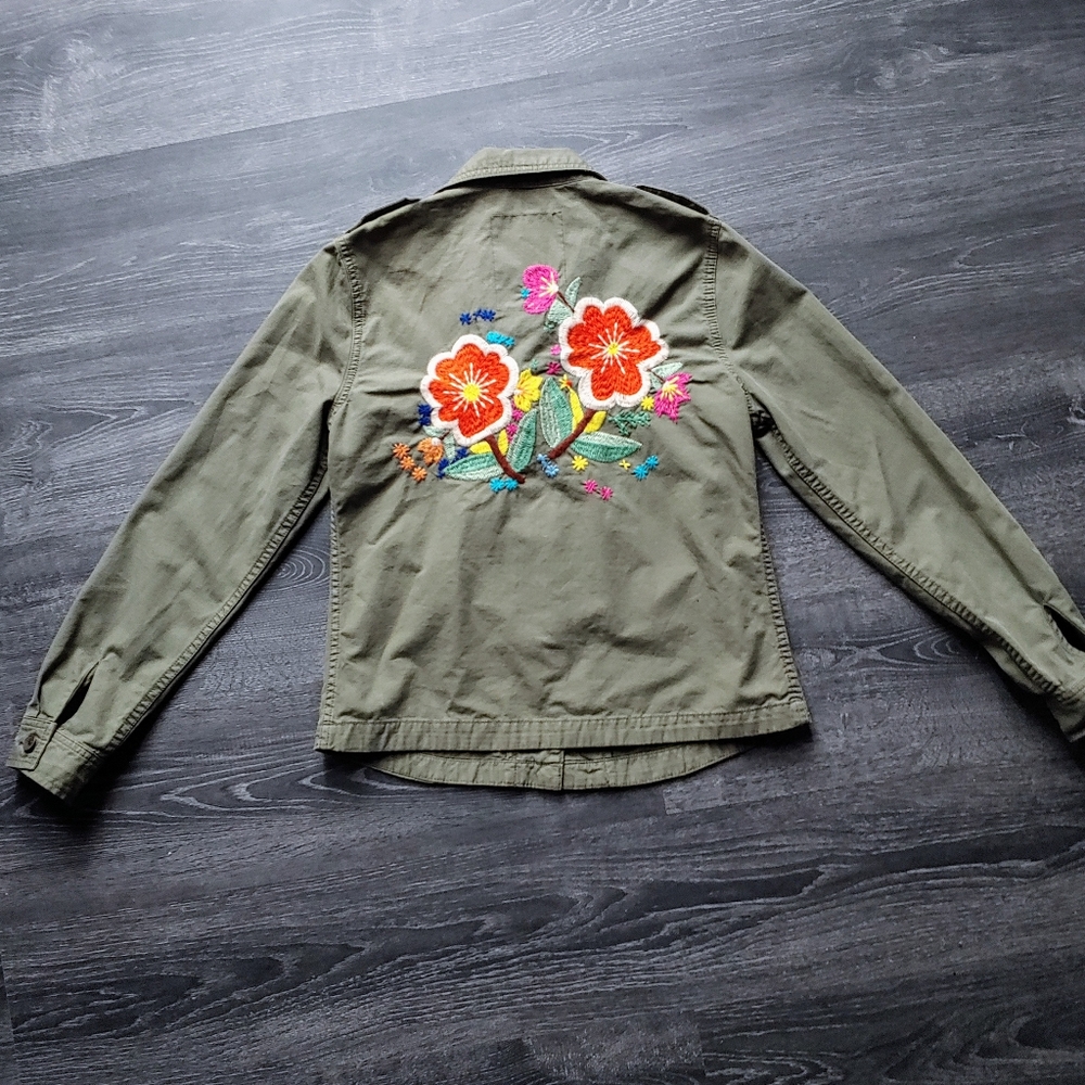 Lucky Brand floral embroidered olive utility jacket